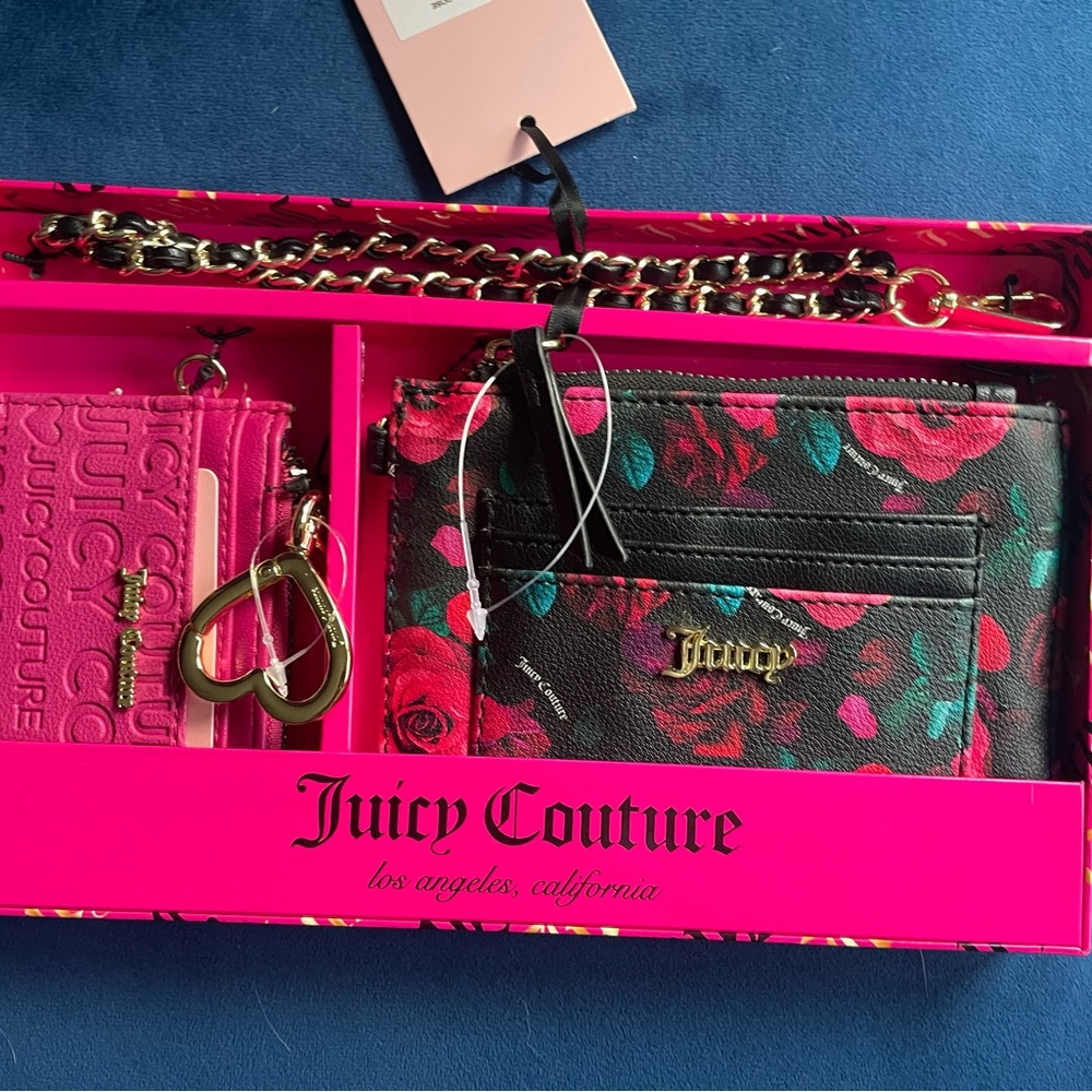 Juicy Couture black multi rose wristlet and credit card holder